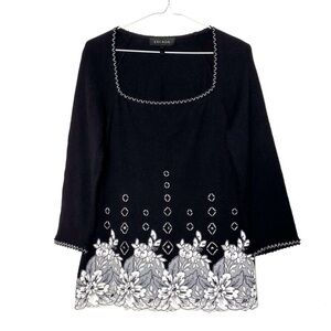VTG 90s ESCADA Woman Black Wool Cashmere Silk Floral Lace Embroidered Knit Top